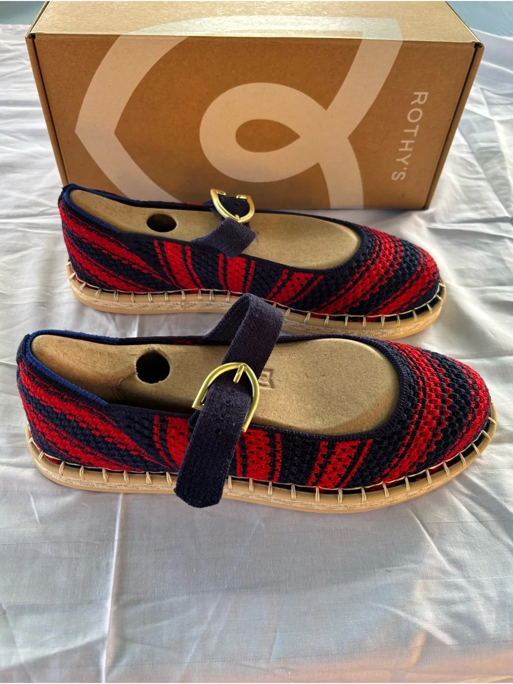 Rothy's Red & Navy Knit Mary Jane Espadrilles with Buckle